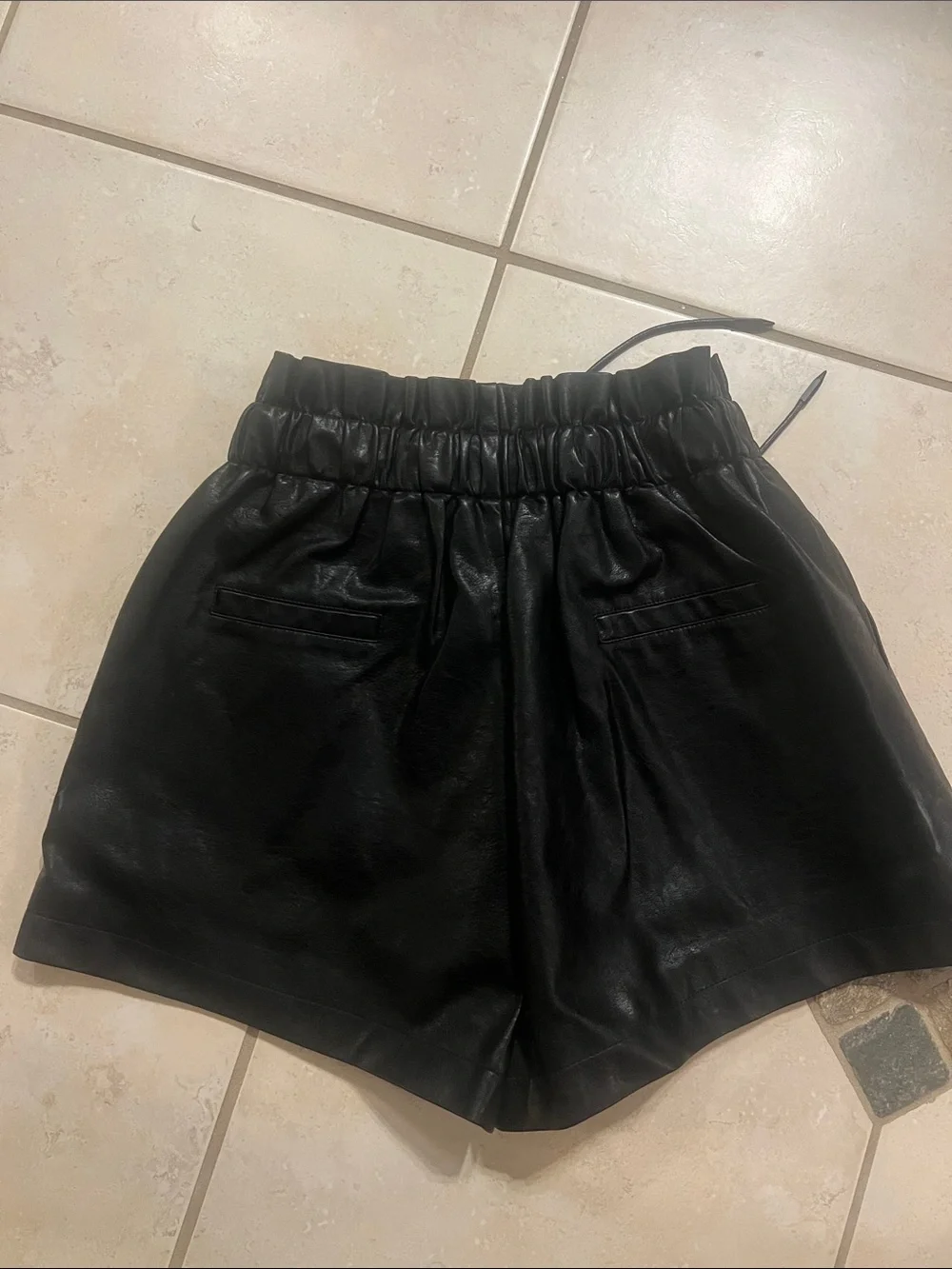 High-Waist Black Faux Leather Paperbag Shorts
